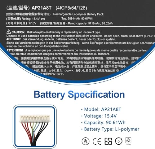 Image of AP21A8T Laptop Battery Compatible for Acer Predator Helios 300 PH317-56-78LY PH317-56-78SM PH315-55-72EA PH315-55-770K PH315-55-78L7 PH315-55-965Z Nitro 5 AN517-55-78KU 713K Series AP21A5T AP21A7T