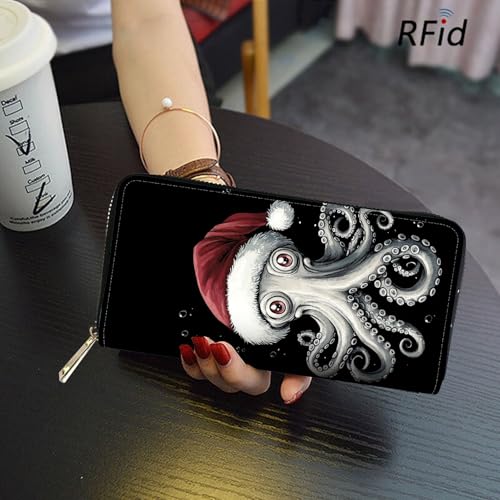 Image of RFID Blocking Leather Wallet for Women - Large Capacity Zip Around Clutch with 8 Card Slots,39 Cash Pockets & Coin Zipper,Funny Octopus Design