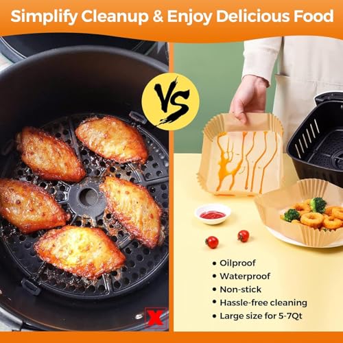 Image of Air Fryer Disposable Paper Liners 100 Pcs Square Oil-Proof Parchment Sheets | Non-Stick Airfryer Basket Liners for Baking, Roasting & Frying | Heat Resistant & Easy Cleanup