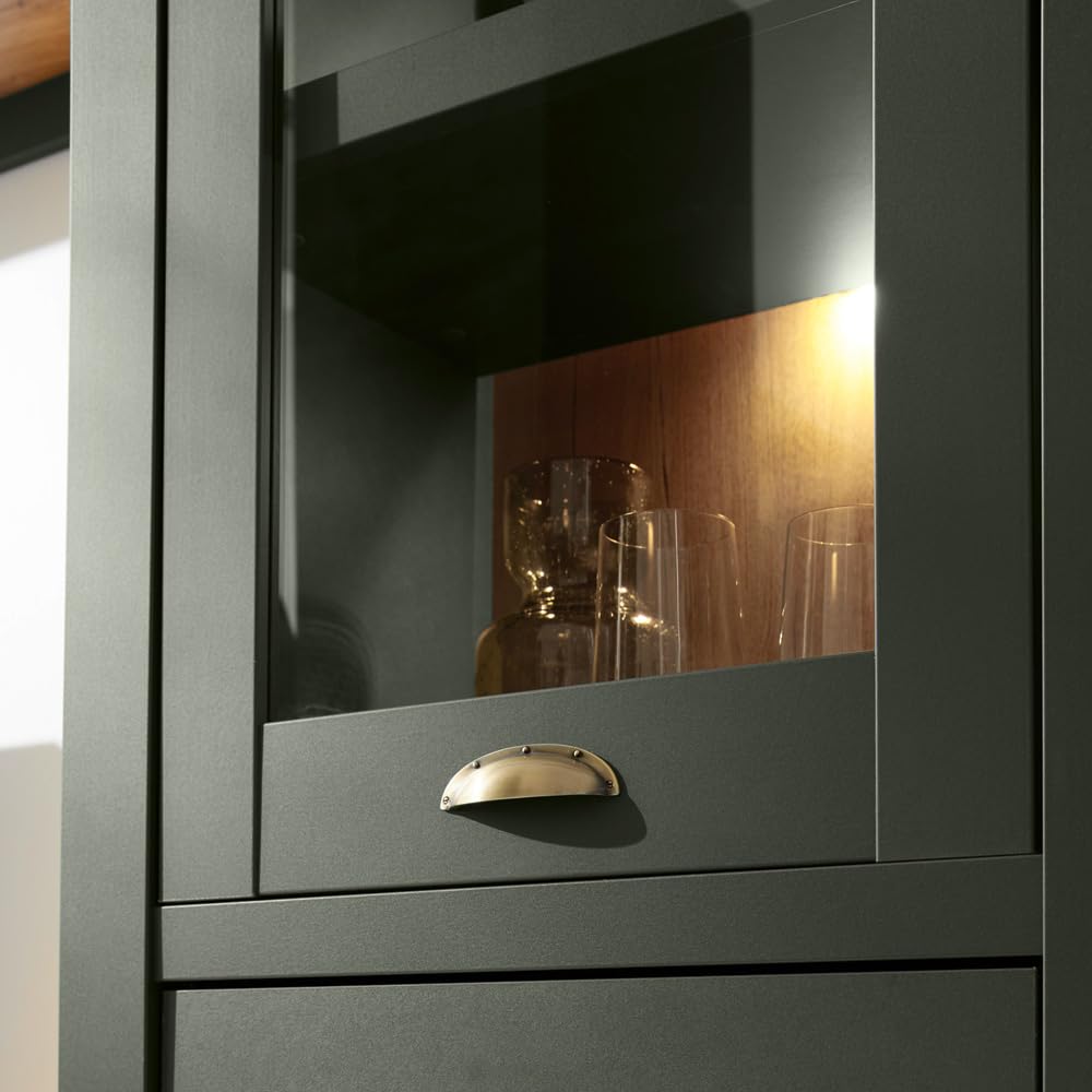 Lomadox Landhaus Wohnwand Set mit Anrichte, grün mit Wotan Eiche, mit Beleuchtung, Regalschrank, Standvitrine, TV-Lowboard, Wandregal und Sideboard