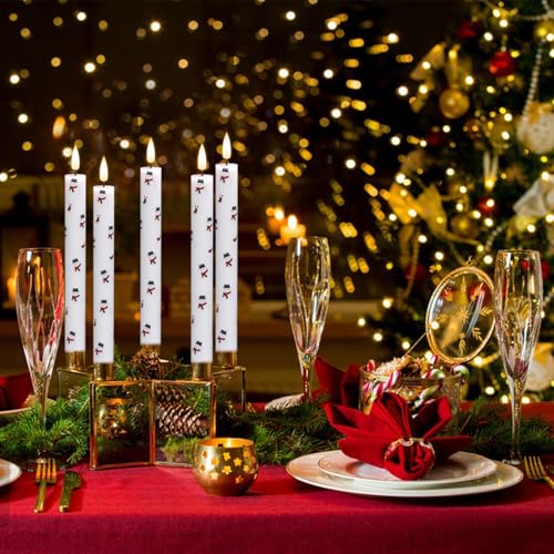 Image of Eldnacele Christmas Taper Flameless Candles with Remote and Timer, Battery Operated 3D Wick Flickering Snowman Decal Candle Real Wax LED Candles Dinner Indoor Holiday Xmas Decor(4Pcs,0.78 inchx9.6 inch