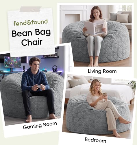 Image of 4FT Bean Bag Chair Bean Bags for Adults Large Bean Bag Beanbag Chair with Washable Cover Quilted Plush Fluffy Bean Bags Memory Foam Bean Bag Chairs Pocket Handle Bedrooms Living Room Office(Grey)