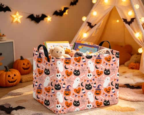 Image of Rectangular Halloween Basket for Boys and Girls Kids Trick or Treat Pumpkin Basket for Halloween Parties Cute Storage Bin Organizer Box Room Decor(Pink Heart Halloween)
