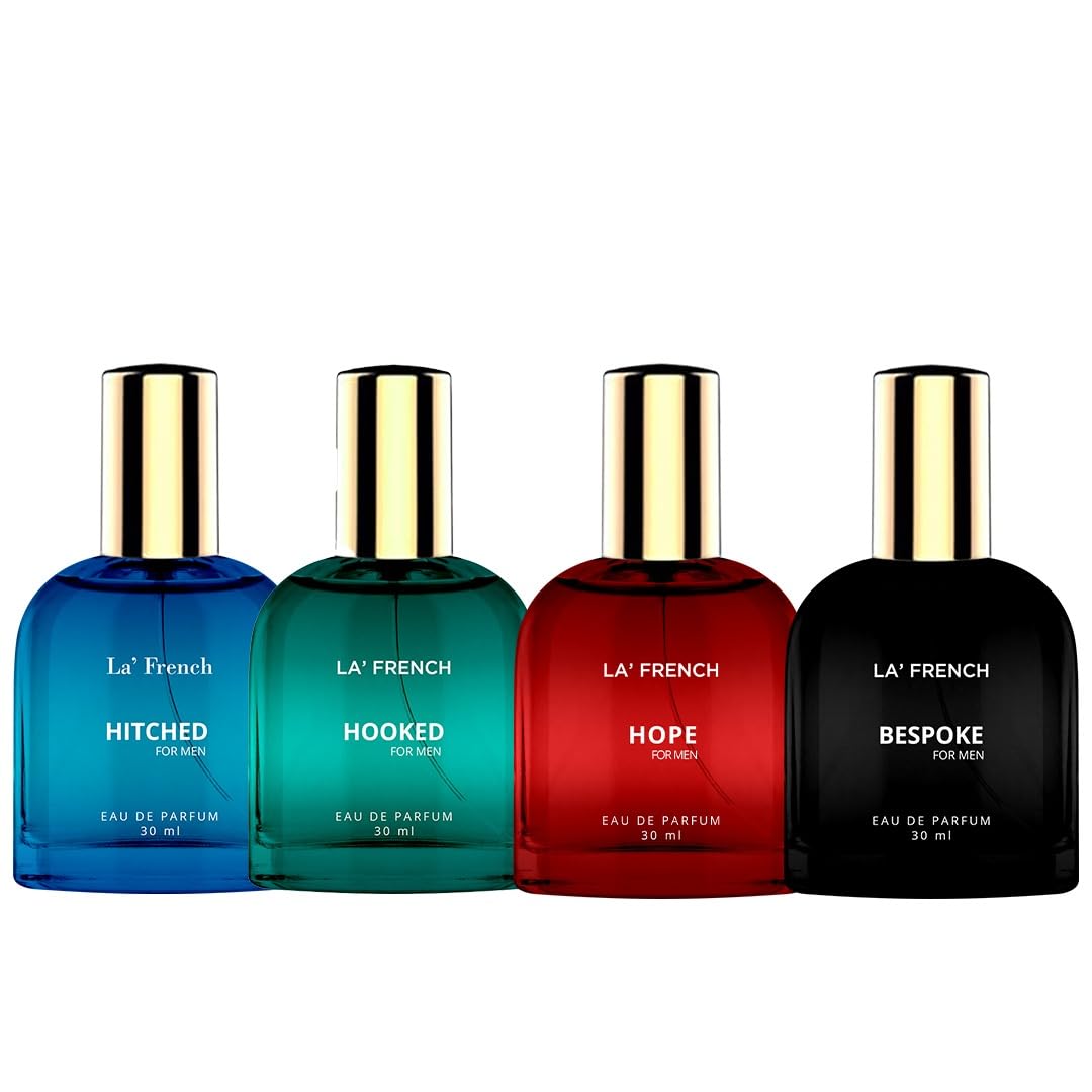 LA' French Perfume For Men 30 Ml X 4 I.E 120Ml | Hitched + Hooked + Hope + Bespoke | Long Lasting | Spicy Citrus & Musky Fragrance Notes | Eau De Parfum For Boyfriend And Husband., Liquid