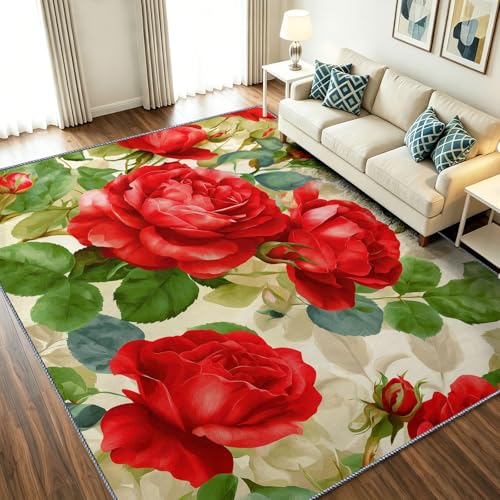 Alfombra de salón lavable a máquina, 80 x 150 cm, diseño de campestre francés, antideslizante, de pelo corto, romántico, flores rosas, hojas – Alfombra de entrada para el dormitorio y la cocina, color