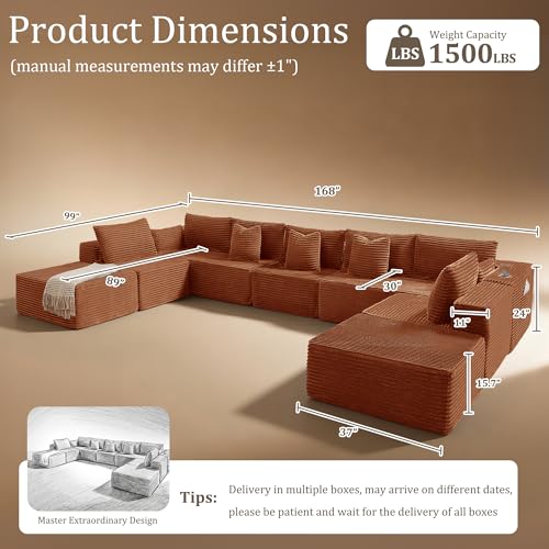 Image of 168 inch Cloud Sectional Couch, Comfort U Shaped Sofa for Living Room, Extra Deep Seats No Assembly, Minimalist Modular Couch, Corduroy (Deep Orange, 9 Seats,U-Shape A)