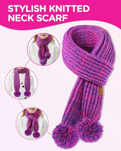 Image of Kids Winter Hat Scarf Gloves Set - Girls Boys Fleece Lined Beanie Hat with Pom Knit Scarf Warm Mittens for Children