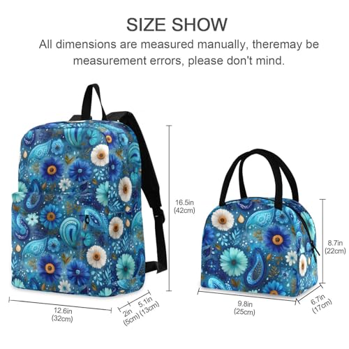 Paisley Blue Print Backpack Set with Lunch Bag, Large Capacity Travel Backpacks and Lunch Box Insulated for Commute Hiking Picnic2
