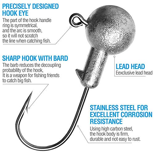 HEZHU 45 Stück Jighaken mit Round Jighead, Jigköpfe für Gummifische zum Raubfishangeln, Bleikopf-Angelhaken Set mit… – Bild 4