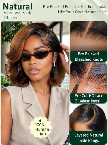 Image of KLAIYI Bye Bye Slip Ombre Brown Layered Bob Straight Wig Human Hair Glueless Side Part Pre Cut 7x5 Lace Front Pre Plucked Bleached Knots Drawstring 30S Ready to Wear and Go Wig with Dark Roots 10Inch