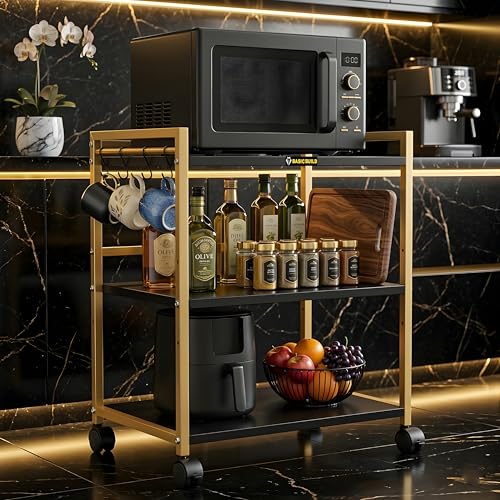 Image of 3 Tier Microwave Oven Stand with Wheels & Hooks - Kitchen Storage Rack, Metal Bakers Rack Kitchen Organizer Shelf for Microwave, Air Fryer & Appliances