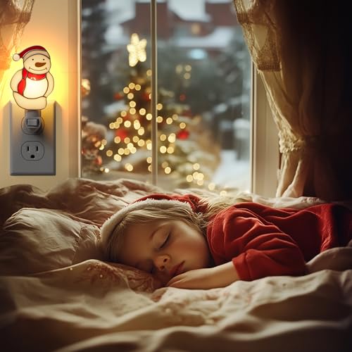 Image of Night Lights Plug into Wall Christmas Snowmen Stained Glass Plug in Night Light Dusk to Dawn 3000K Warm White Nightlight Switch On /Off for Adult Kids Room Bathroom Hallway Kitchen Non-Dim