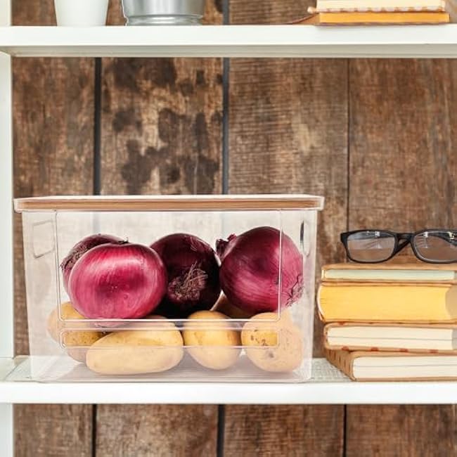 2 Set Stackable Storage Bins with Bamboo Top,Kitchen Pantry Organizer and Storage Baskets,for Onion, Potato, Vegetable, Produce,Snack (2)