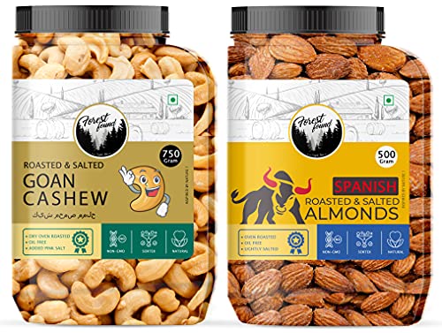 Image of Forest Found Premium Dry Fruits Combo Pack - Roasted And Salted Spain Almonds (500 Gm) + Roasted And Salted Goan Cashews Nuts (750 Gm) Total 1.250 Gram | Roasted By Dry Roasting Technique Dry Fruit Mix-Pack Of 2