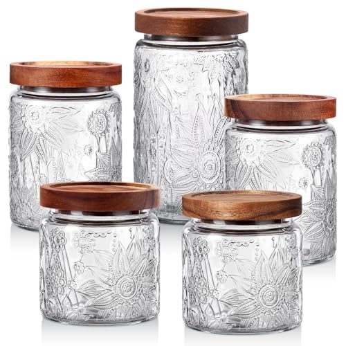 Image of Suclain 5 Pcs Sunflower Vintage Glass Jars Airtight Lid 17 /24 /34 oz, Round | Glass Containers, Decorative Jars Bamboo Lids, Storage for Food Kitchen Counter Pantry Sugar Flour Coffee Tea Candy Oats