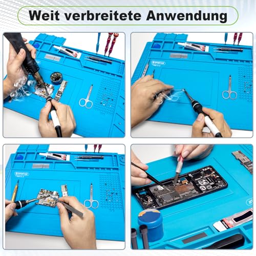 Spurtar Lötmatte Silikon 500℃ Hitzebeständige, 45 x 30 cm Verdickte Arbeitsmatte Werkstatt für Lötpistolen/Heißpistolen, Magnetische Reparatur Matte für Elektronik, Löten, Telefon, iPad, Uhren