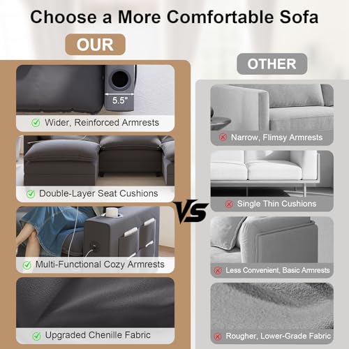 Image of KCGKCG 116 inch Modular Sectional Couch, L Shaped Cloud Couch with Movable Ottoman, Deep Seat Cloud Sofa with Charging Station, Cup Holder, Side Pocket, Chenille Sectional Couches for Living Room, Grey