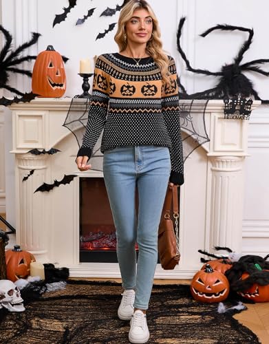 Women's Vintage Fair Isle Pullover Sweater Casual Fit Dressy Crewneck Long Sleeve Lightweight Knit Tops