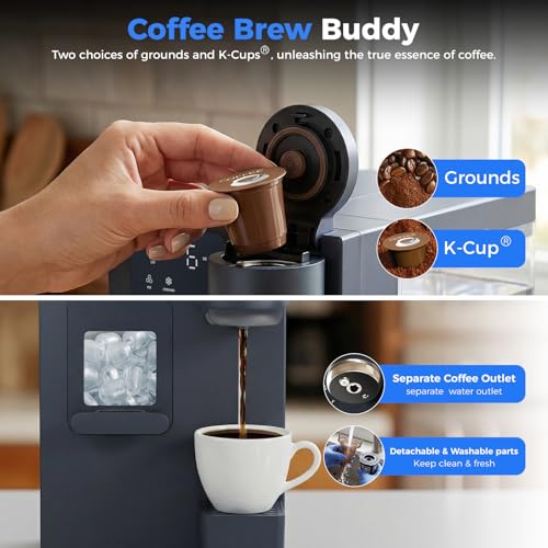 Image of 3-in-1 Water Dispenser with Ice Maker - Coffee Maker Countertop Bullet Ice Maker with 12H Timer, Hot /Cold /Warm Adjustable Volume Water, K-Cup Ground Coffee Brewer for Home Office Studio Gift