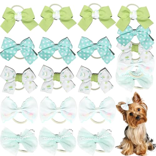 zaabaazina Small Dog Hair Bows, 20 Pack Handmade Bowknot Set, Green and Mint Mix Styles for Yorkie Grooming
