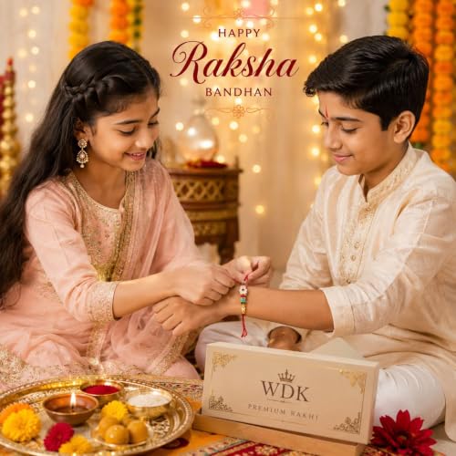 Image of WDK Decorative Rakhi with Multicolour Beads | Crystal Charm, Red Thread, Roli Chawal | Complete Raksha Bandhan Gift for brother (pack -1)
