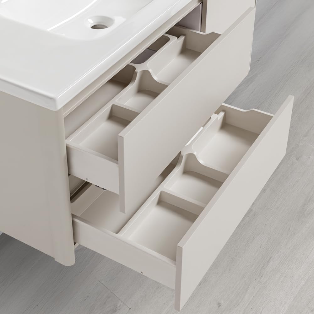REDÒKASA Mobile Bagno Sospeso 100 cm GENZIANA in alluminio, con 2 cassetti e 1 anta, specchio contenitore a 1 anta, lavabo in ceramica (Cipria)