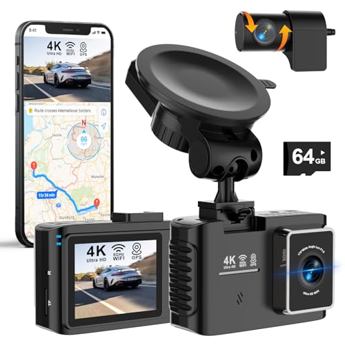 Dashcam Auto Vorne Hinten 4K/2.5K, 5GHz WiFi Dash Cam mit GPS, 2.0\" IPS, 170°Weitwinkel, Dual Auto Kamera mit Akku, 24Std Parküberwachung, Super Nachtsicht, WDR, G-Sensor, Loop-aufnahme, 64GB SD Karte
