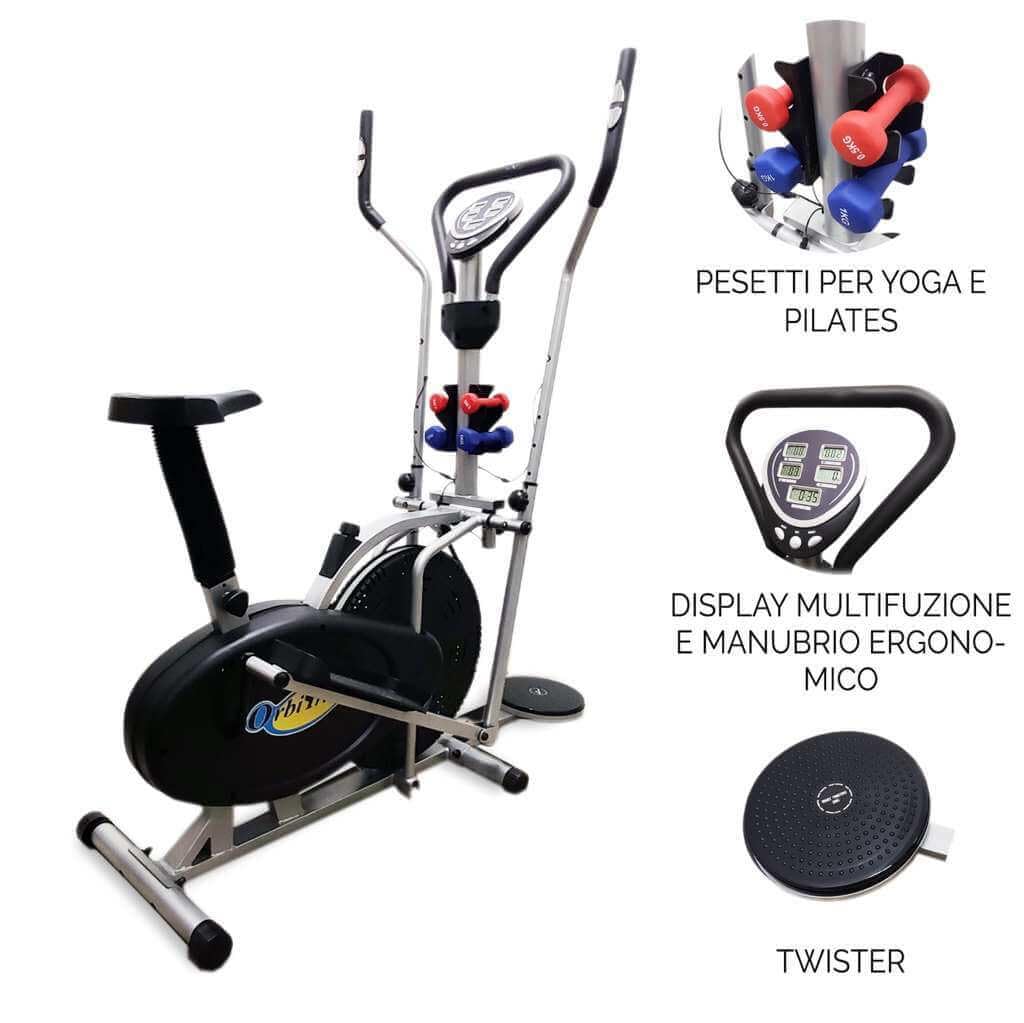 FFitness Cyclette Ellittica Volano 5kg, Ellittica Home trainer 2 in 1, Bici da camera, monitor LCD, pesetti e disco torsione inclusi