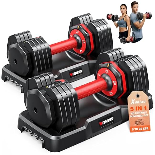 XDDIAS Adjustable Dumbbell Set of 2, 25/55/80LB Dumbbell Set-1Sec Adjustable Weights-5/10 in 1 Free Weights Dumbbells Set with Effortless Tray/No-Slip Handle-Compact Size for Women/Men at Home Gym