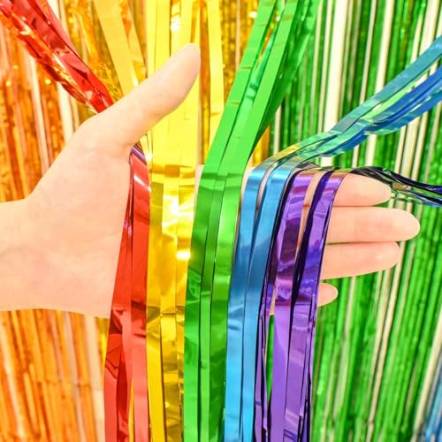 Image of 4 Pack Rainbow Foil Fringe Curtains, 13.2x6.6ft Colorful Tinsel Streamers Backdrop, Photo Backdrop for Birthday, Wedding, Baby Shower, Back to School, Pride Month | Rainbow Streamers Party Decorations