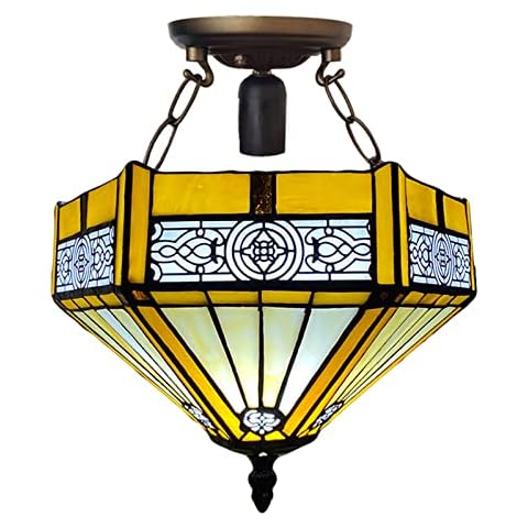 Auroh Tiffany Lamps Hexagon Lampshade Handcrafted Stained Glass Ceiling Lamp Stunning Quality Light for Living Room Bedroom Lounge Hallway Cover