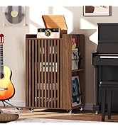 Rolling Media Cabinet with Side Vinyl Record Storage, 5-Tier Large Stereo Cabinet with Door and C...