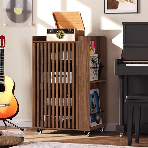 Rolling Media Cabinet with Side Vinyl Record Storage, 5-Tier Large Stereo Cabinet with Door and Cable Management, Audio Video Shelf for Living Room Gaming Room Music Room (Walnut)