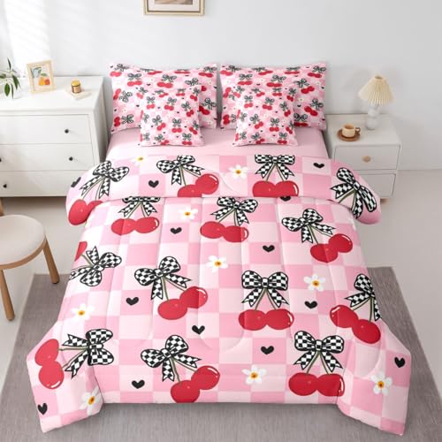 Image of 7 Pcs Bow Cherry Queen Bedding Sets Pink Plaid Cartoon Daisy Hearts Comforter Set Red Cherry Fruit Girly Dreamy All Season Comforter Flat Sheet Fitted Sheet 2 Pillowcases 2 Throw Pillow Covers