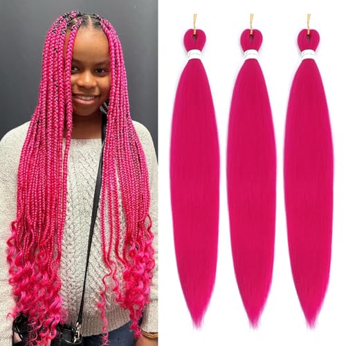 Magenta Pink Pre Stretched Braiding Hair 26inch Dark Hot Pink Braiding Hair Extensions for Braids Soft Yaki Texture(26inch 3Packs #Magenta Pink)