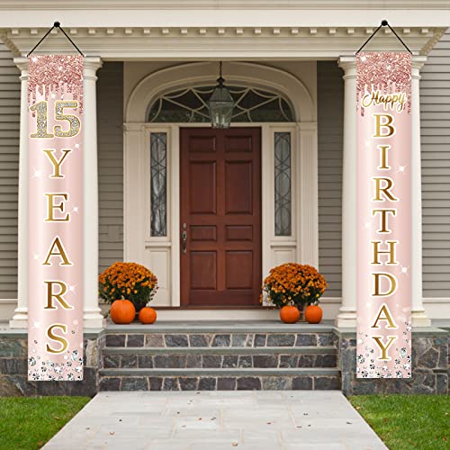 Image of 15th Birthday Door Banner Decorations for Girls, Pink Rose Gold Happy 15 Birthday Door Porch Backdrop Party Supplies, Fifteen Year Old Birthday Sign Decor