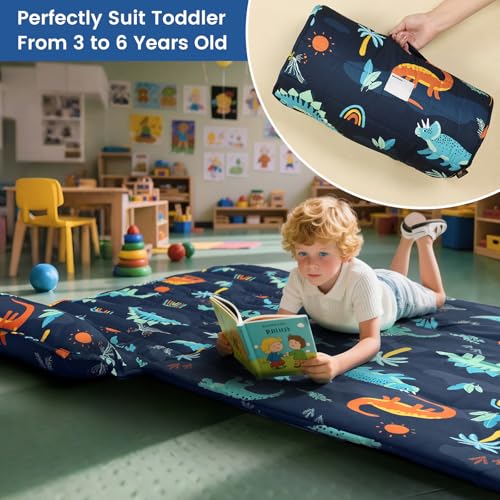 Image of PHF Soft Toddler Nap Mat with Removable Pillow, Rollup Design Kids Sleeping Mat, Slumber Bags for Boys, 55 inchx23 inch Toddler Sleeping Bag for Daycare Preschool Travel Camping, Large Navy Dinosaur