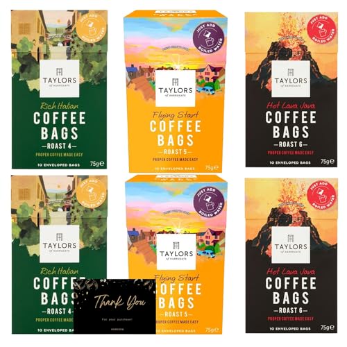 Taylors Coffee Bags Bundle | 2 X 10 Rich Italian Coffee Bags, 2 X 10 Hot Lava Java Coffee Bags and 2 X 10 Flying Start Coffee Bags | 60 Coffee Bags Individually Wrapped