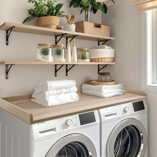 Kaboon Washer Dryer Countertop, Melamine Countertop with Edge Rails - 27.5" Depth x 54" Width Laundry Room Organization, Oak(Grey Tone)
