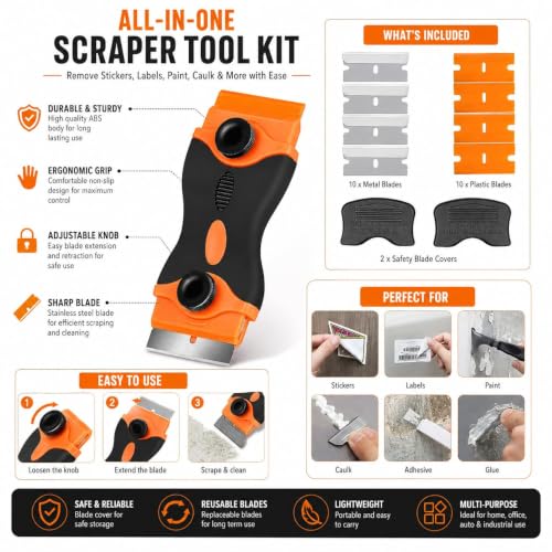 Image of Glue Remover Cleaning Scraper Tool Double Edged Multipurpose Removing Paint, Labels, Sticker, 7 Piece Plastic Blades and 7 Piece Metal Blades