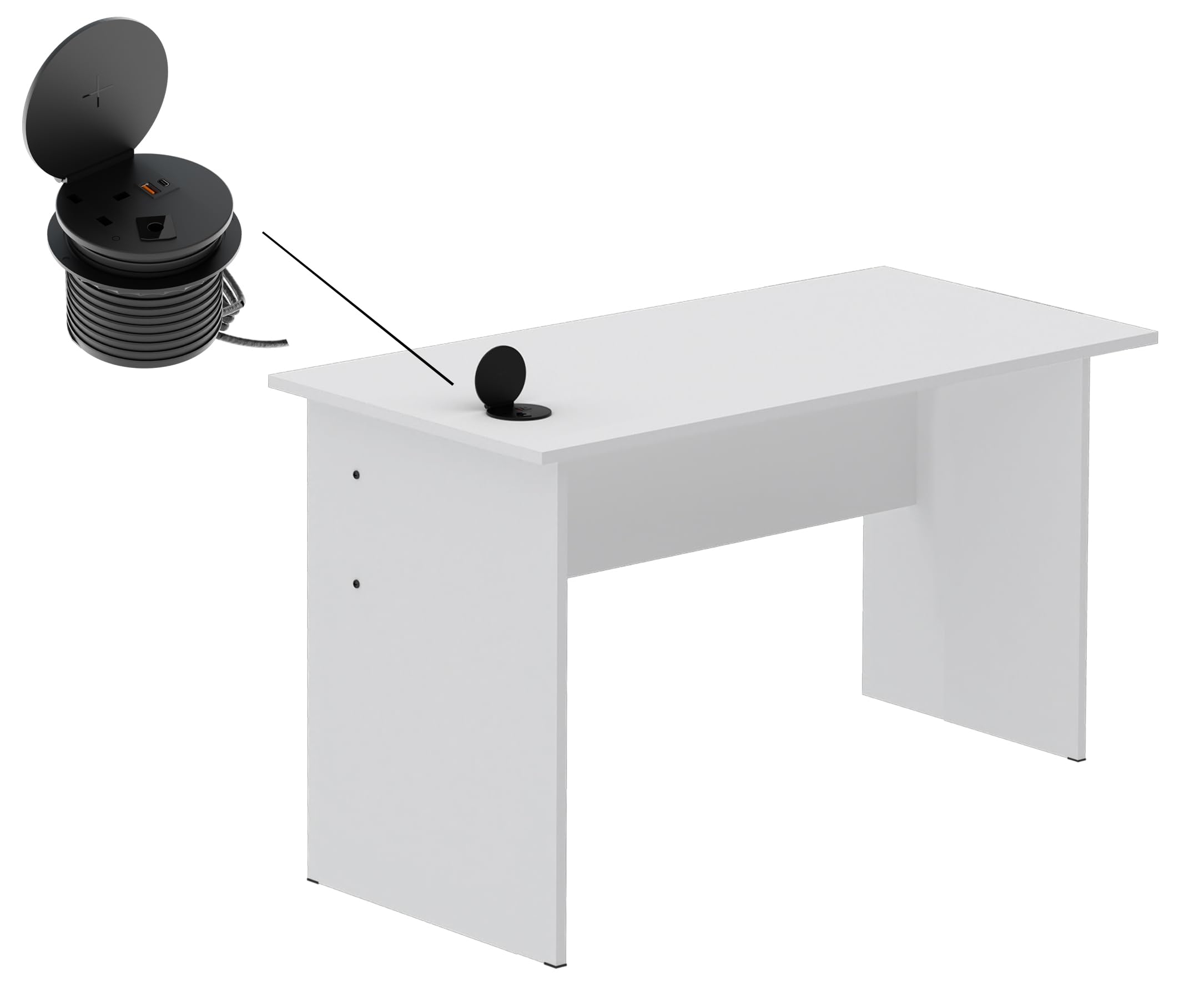 Mahmayi Modern MP1 120x60 Writing Study Table with Without Drawers attached with 51-1H Round Desktop Power Module 1xUSB Slot & 1xEthernet utility port for Office Desk, Confernece Room Table - White