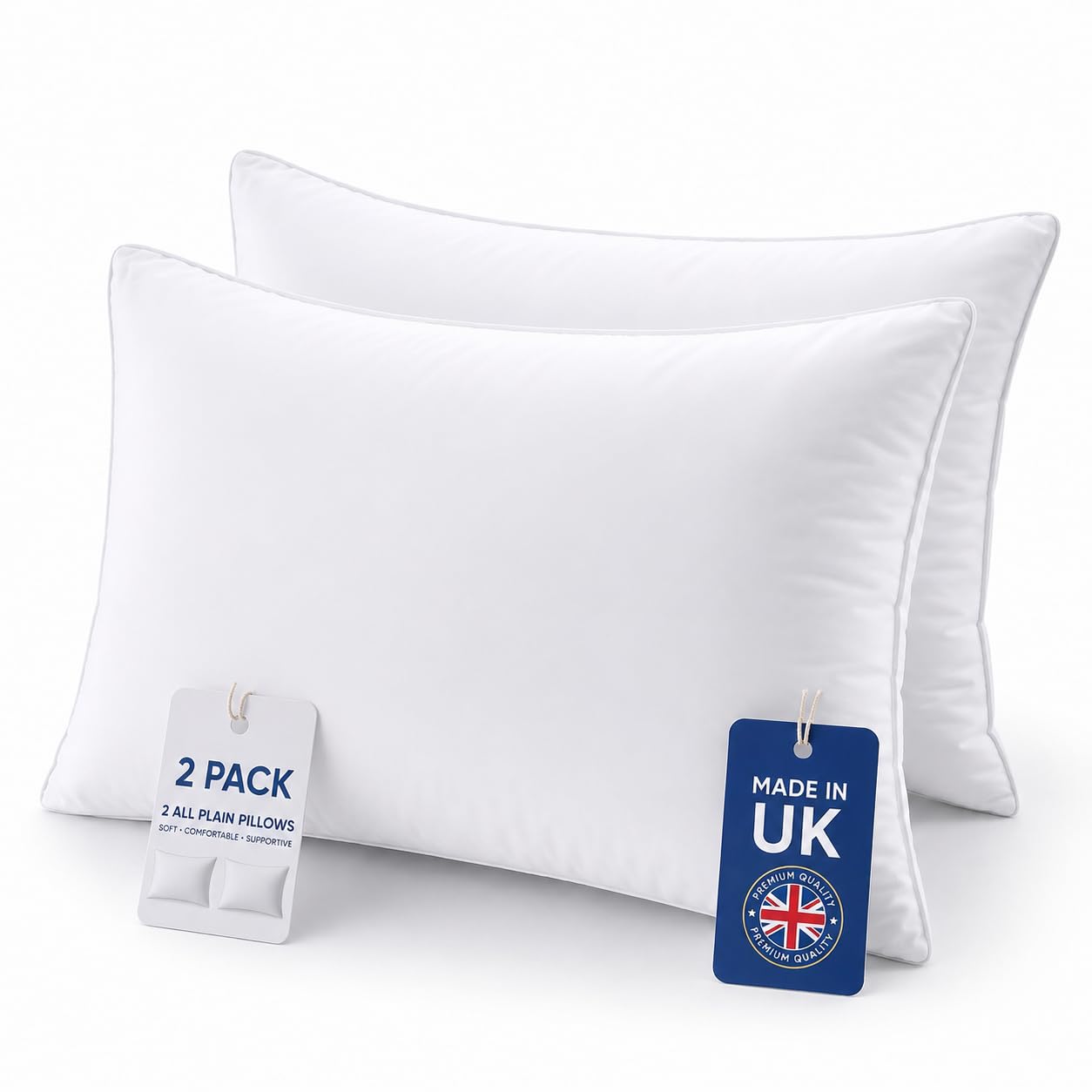 4All Pillows 2 Pack Plain – Hotel Quality Bed Pillow, Soft & Supportive, Ideal for Side Sleepers, Neck & Shoulder Support, Fluffy Hollowfibre Filling, Made in UK (2, Plain Pillows) — image 1