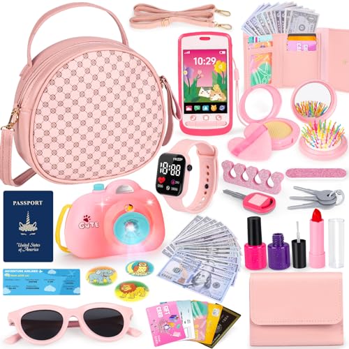 KUBUSFLY Play Purse 40PCS with 2-in-1 Camera Princess Toys for Girls 3-12