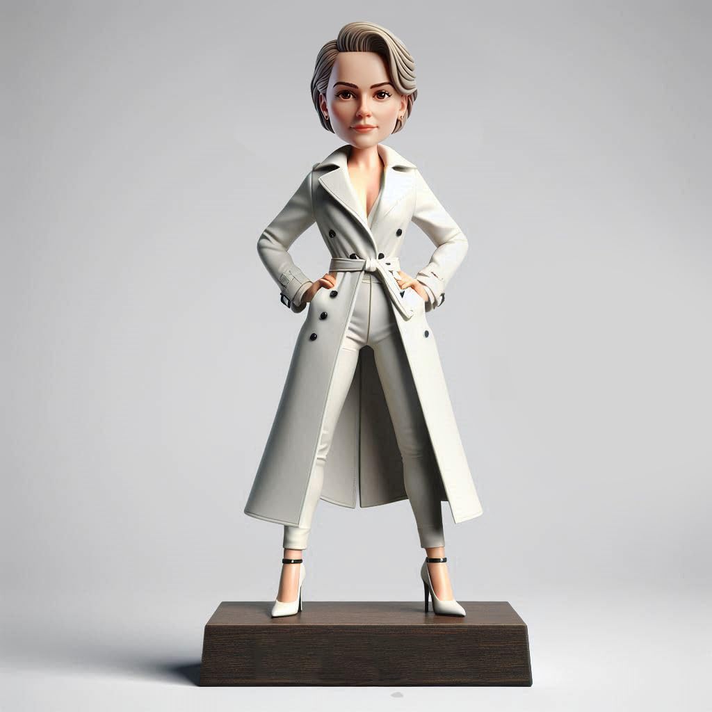 Bobblehead personalizzato - Regali personalizzati per donna in carriera sicura in trench bianco mani sui fianchi, decorazione per la casa dell'ufficio Souvenir oggetti da collezione fatti a mano in