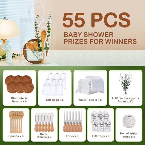 55Pcs Baby Shower Prizes for Game Winners 6 Sets Cheese Board Spoon Fork Butter Spreaders Plaid Towel Thank You Card and Gift Bags for Baby Shower Wedding Bridal Shower Favors (Round Shaped)