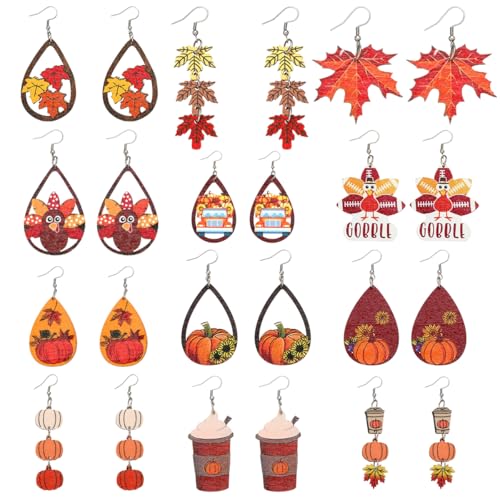 24PCS Thanksgiving Earrings Set Autumn Fall Earrings for Women, Wooden Maple Leaf Sunflower, Turkey, Pumpkin Earrings-Thanksgiving Jewelry Gifts Decor