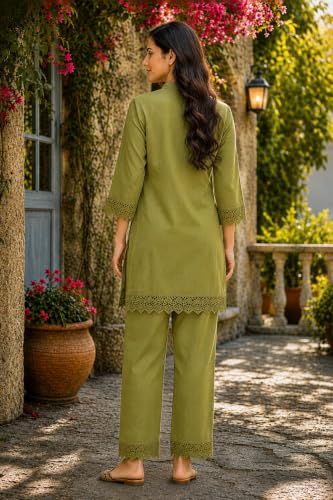 Image of Women's Pure Cotton Co-Ord Set, Green Kurta with Pant, Floral Embroidered 3 /4 Sleeve, Stylish Pocket