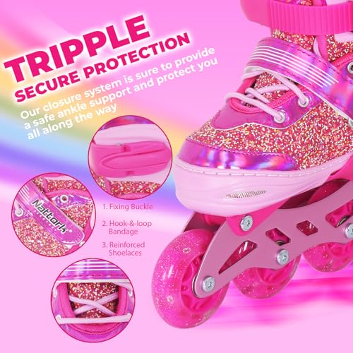 Nattork Inline Skates for Girls Kids, Candy Pink Adjustable Blades Roller Skates with Light up Wheels for Ages 4-12, Best Birthday Gift for Beginners Indoor Outdoor Sports - image 4