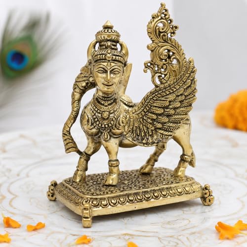 Image of Brass Flying Kamdhenu Cow Idol, Vastu Remedy for Prosperity (11 cm, 230 g)
