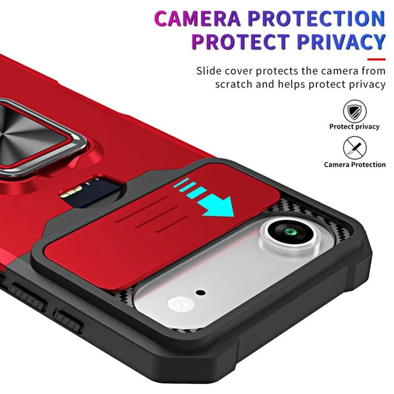 Image of LuxuryKase Shockproof Armor Case for iPhone Air | Slide Camera Cover | Hidden Card Slot | Rotating Ring Kickstand | Magnetic Car Mount Support | Military Grade Protection - Red